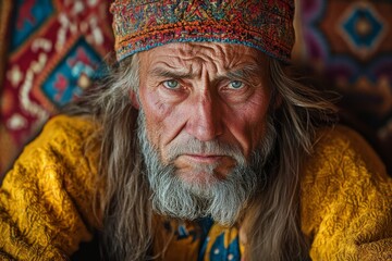 Fototapeta premium Elderly man in a colorful traditional outfit with intricate patterns during an intimate cultural gathering