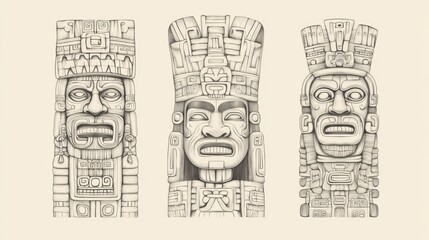 Obraz premium Ancient Mayan Stone Carvings, Detailed faces, Background plain, Possible use History, Art