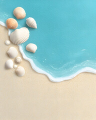 serene beach scene featuring various seashells on soft sand, with gentle waves lapping at shore. tranquil colors evoke sense of calm and relaxation