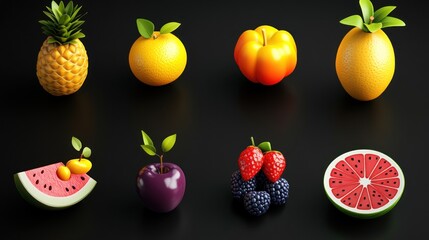 Colorful Fruits & Vegetables on Black Background