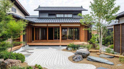 Fototapeta premium Japanese zen garden with building and meticulously raked gravel