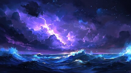 Night Ocean Storm, Lightning, Waves, Fantasy Art