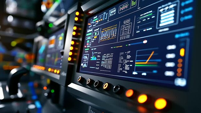 A modern factory control panel, where a high-resolution screen shows dynamic performance metrics, temperature controls, and energy consumption graphs, surrounded by steel-clad mach