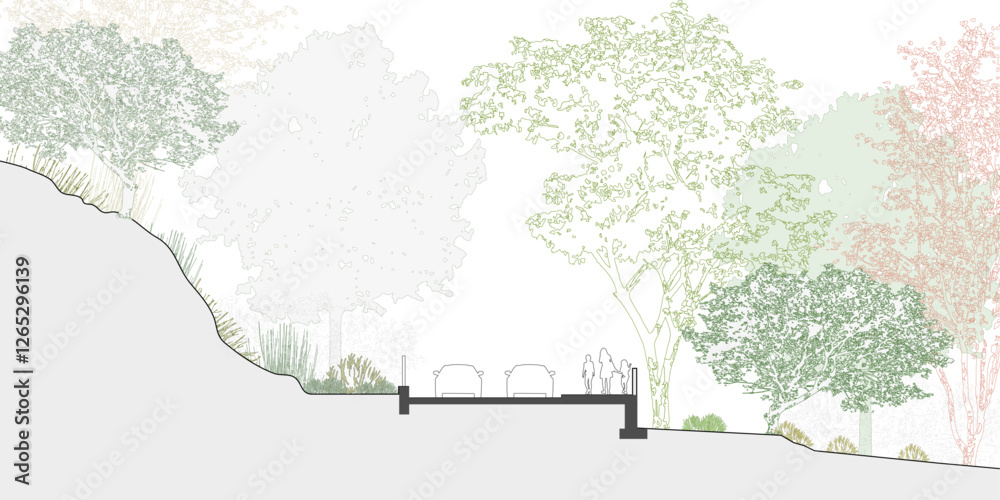 Poster road urban section, landscape architecture design in line art vector