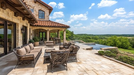 Hilltop luxury patio, pool view, summer