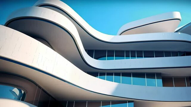 Close-up of a modern, futuristic building with wavy architectural design and large windows. The white structure stands out against the blue sky, showcasing fluid lines and innovative design