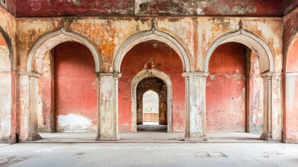 Fototapeta premium Ruined palace arches, India, decay, background trees