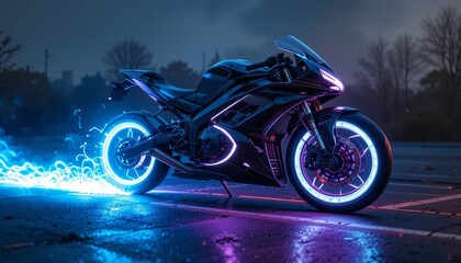 Futuristic neon motorcycle parked on wet road at night