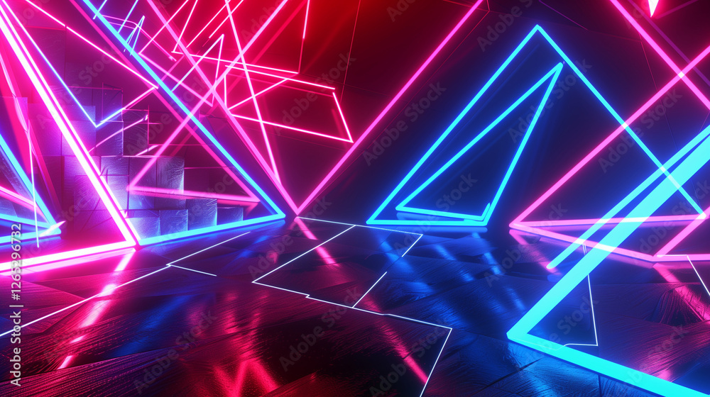 Leinwandbilder Abstract Neon Background with Glowing Blue, Red, and Pink Triangles Forming Dynamic Geometric Shapes. Modern Wallpaper Design with Ultraviolet Lighting and Laser Effects, Creating an Ultra-Realistic N