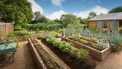 a shared garden space featuring rows of crops a small toolshed and a seating area for community...