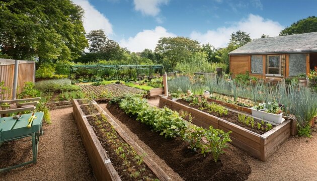 a shared garden space featuring rows of crops a small toolshed and a seating area for community gatherings