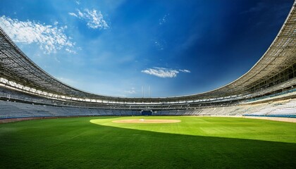 empty cricket stadium under a bright blue sky the pitch is visible with stands largely unoccupied a...