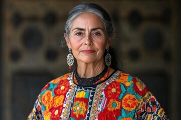 Traditional textile artist poses proudly in colorful embroidered attire in a cultural setting