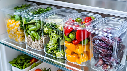 Organized Kitchen: A refrigerator shelf filled with colorful, fresh vegetables in clear containers, showcasing a mindful approach to healthy eating and organized kitchen storage. 