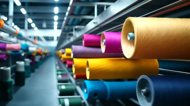 A modern textile manufacturing plant, where automated weaving machines interlace brightly colored threads, forming intricate patterns on rolls of premium fabric.