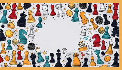 Hand drawn banners template with cartoon chess game elements. Doodle sketch style. perfect any project for a chess club, tournaments banner, frame, brochure background.