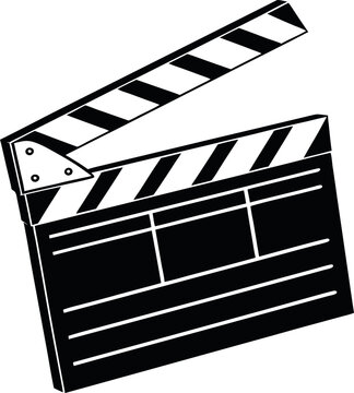 Minimalistic Black Silhouette of a Cinema Clapper Board with Film Reel and Director&rsquo;s Cut Concept in Vector Illustration, Representing Movie Production, Filmmaking, and Creative Industry Designs