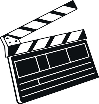 Minimalistic Black Silhouette of a Cinema Clapper Board with Film Reel and Director&rsquo;s Cut Concept in Vector Illustration, Representing Movie Production, Filmmaking, and Creative Industry Designs