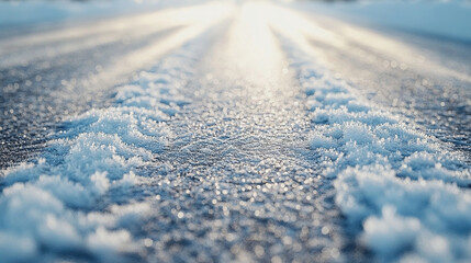 A frosty road with delicate ice crystals forming in it