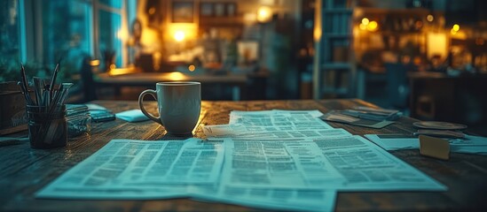 Mug, newspapers, and art supplies on a wooden table at night.