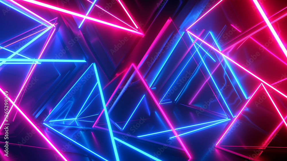 Aufkleber Abstract Neon Background with Glowing Blue, Red, and Pink Triangles Forming Dynamic Geometric Shapes. Modern Wallpaper Design with Ultraviolet Lighting and Laser Effects, Creating an Ultra-Realistic N