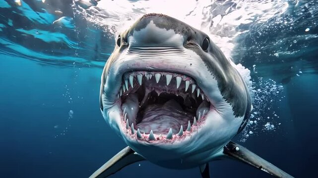 A close-up underwater shot of a great white shark with its mouth wide open, showcasing sharp teeth as it moves through the ocean. Bubbles and a dark blue background highlight the power of this