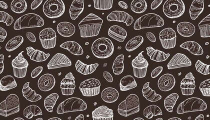 Hand drawn seamless pattern of bakery elements, bread, pastry, croissant, cake, donut. Doodle sketch style. Baking element drawn by digital pen. perfect any project for banner, fabric, textile design.