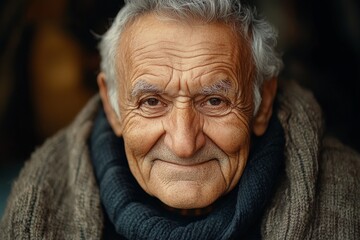 Warm smile of an elderly man wearing a cozy sweater in a quaint setting during golden hour