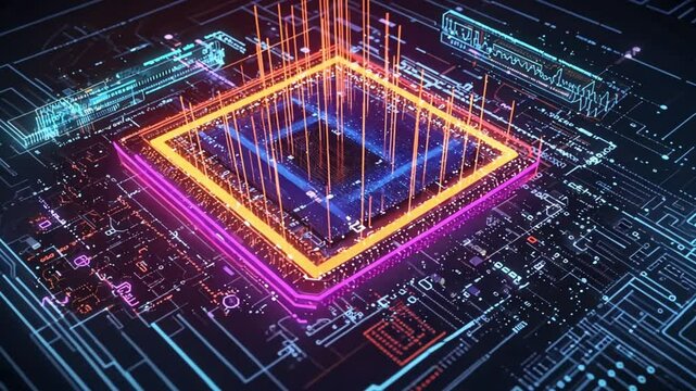 A futuristic biochip with quantum dots flowing inside, emitting ultraviolet, red, and blue glowing signals, interpreted by AI algorithms to map molecular interactions
