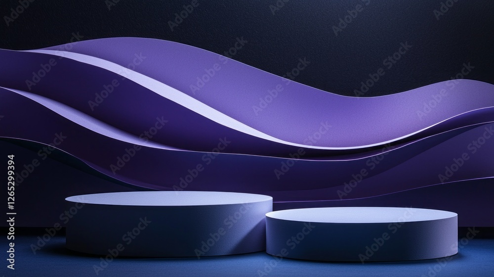 Poster Two round empty podiums stand side by side, illuminated softly against a deep purple backdrop featuring fluid, wavy shapes. An elegant and minimalistic ambiance reflects creativity and sophistication