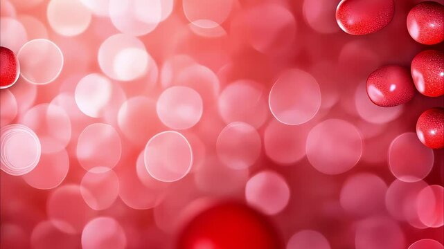 A blurred background featuring red and pink bokeh effects with some small red objects scattered around.