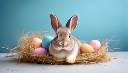 easter rabbit or bunny sitting in hay with a nest of colored eggs pastel blue background holiday greeting card
