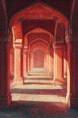 Fototapeta premium An empty red fort, bathed in sunlight streaming through arches and pillars. 