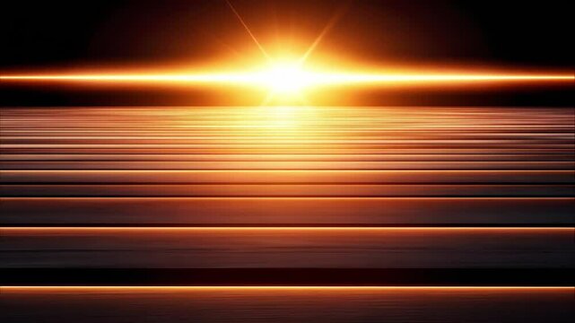 A bright sunrise over a horizontal horizon, with vibrant orange and yellow rays illuminating the scene against dark surroundings.