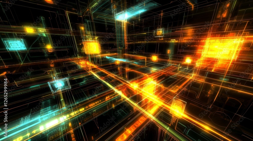 Poster a futuristic software interface featuring an abstract network grid with files and folders, serving a