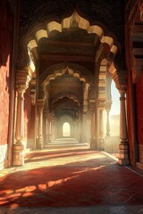 An empty red fort, bathed in sunlight streaming through arches and pillars. 