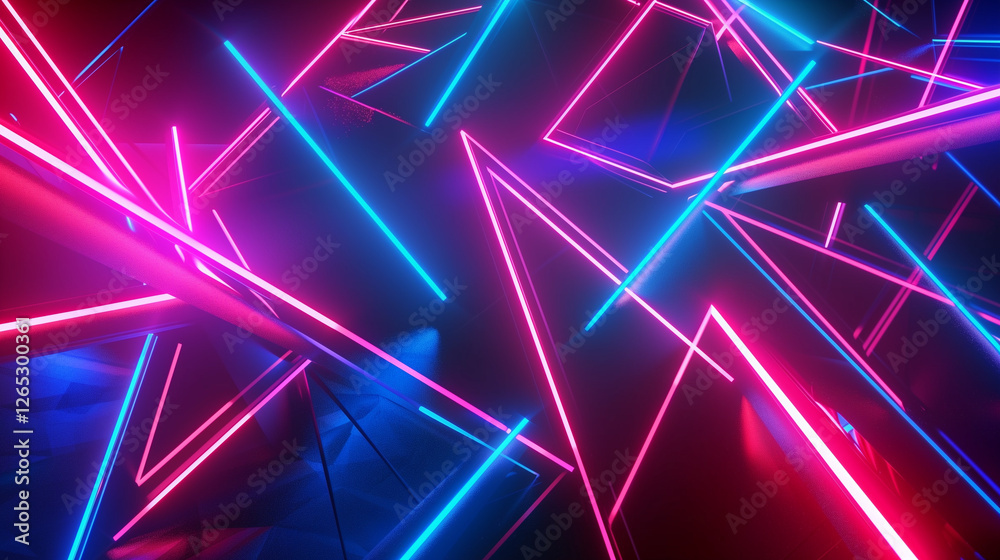 Leinwandbilder Abstract Neon Background with Glowing Blue, Red, and Pink Triangles Forming Dynamic Geometric Shapes. Modern Wallpaper Design with Ultraviolet Lighting and Laser Effects, Creating an Ultra-Realistic N