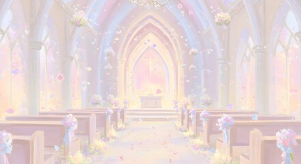 Obraz premium Elegant Church Interior with Floral Decorations and Soft Pastel Lighting