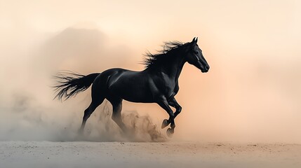 Black horse running in desert, dust cloud behind. Use Strength, freedom, motion