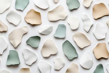 Minimalist flat lay of abstract shapes in white, beige, and green on white surface.