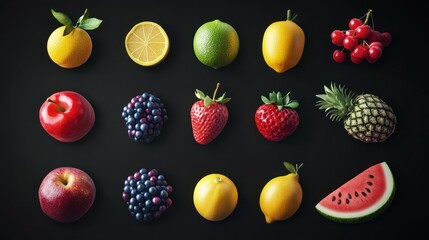 Colorful fruit arrangement on dark background