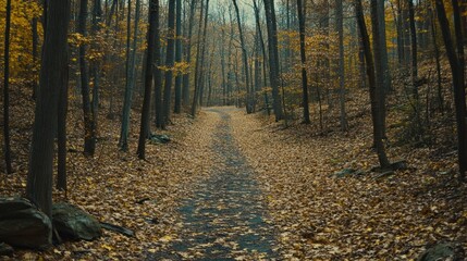 Obraz premium Autumn path winding through misty forest
