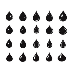 Black and White Water Drop Icons Set, Minimalist Vector Design for Environment, Rain, and Liquid Symbols