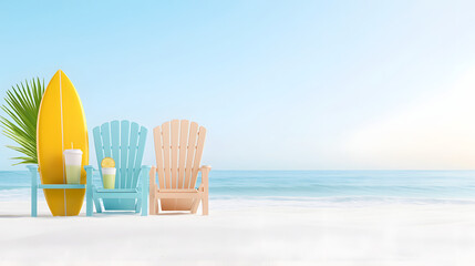 Relaxing beachside scene featuring colorful chairs, surfboard, and refreshing drinks. Perfect for summer vibes and coastal relaxation