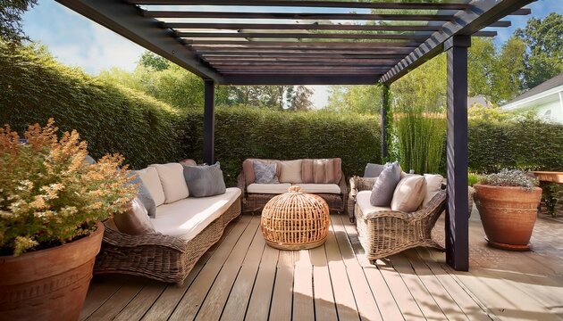 a cozy backyard patio with wicker furniture potted plants and a shaded pergola perfect for summer relaxation