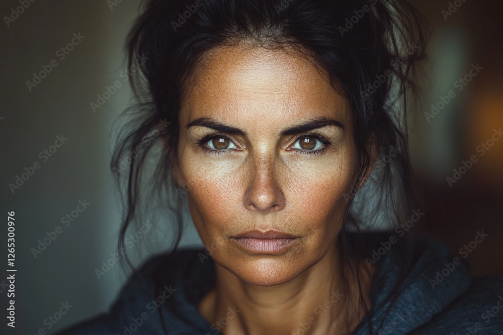 Aufkleber intense portrait of a woman with striking features and deep gaze captured in soft light