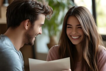 Happy couple laughing and reading a letter at home