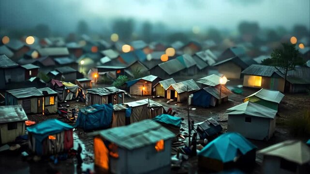 A blurred, miniature view of a densely packed settlement with makeshift homes illuminated by lights in a rainy atmosphere.