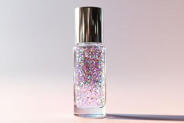 Clear bottle of iridescent glitter nail polish, silver cap, shimmering particles.