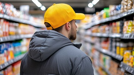 Shopping frenzy concept with customer navigating grocery store aisle